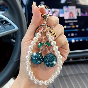Elegant Pearl and Blue Charm Keychain